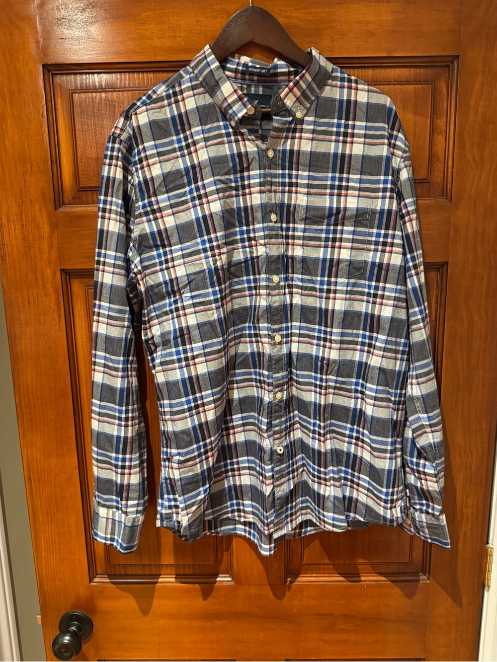 American Eagle Outfitters Blue, White & Gray Plaid Button-Down Shirt
